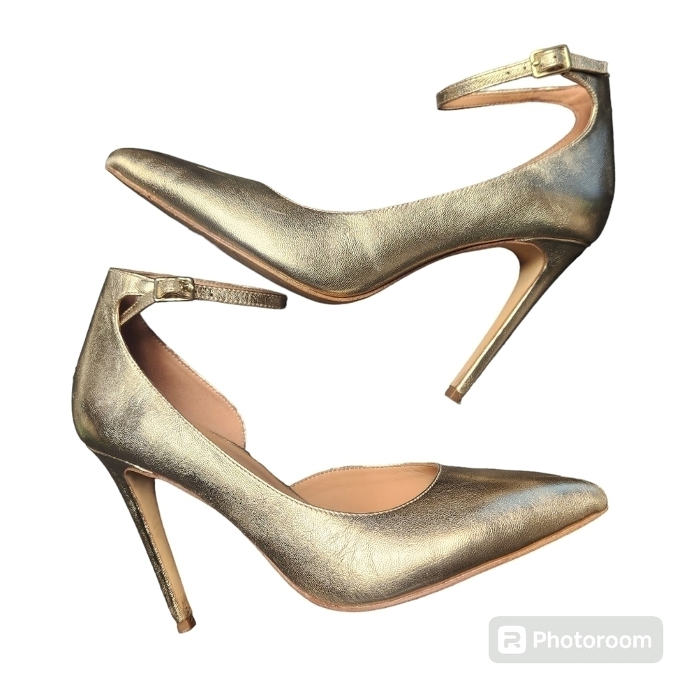 Halston Heritage Margo Half d'Orsay Gold Leather Stilettos Sz 8.5 Box included
